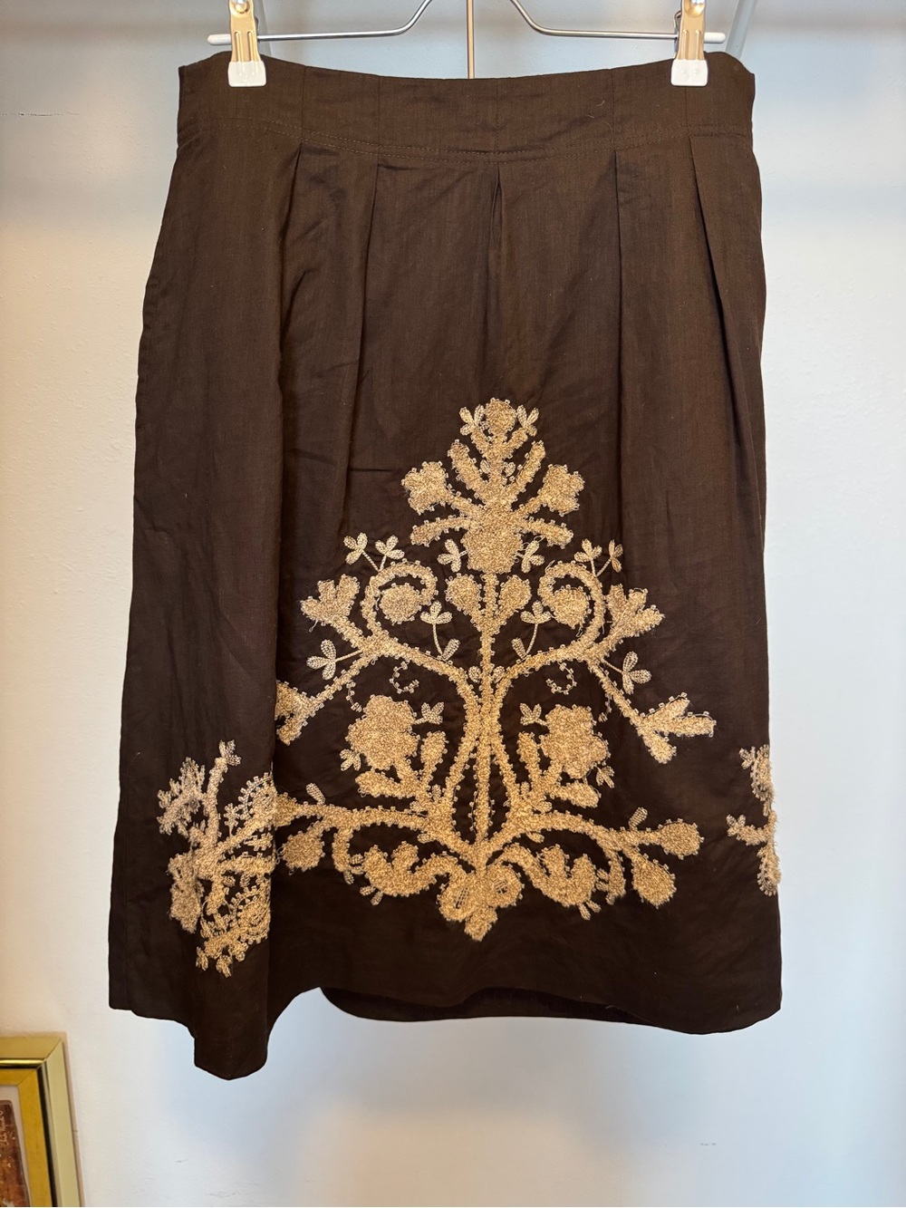 🌸Bohemian Linen blend Midi Rich Brown Skirt with Floral Embroidery size 8 LOFT - Picture 2 of 8